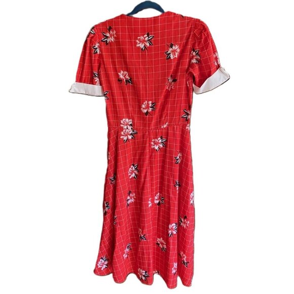 Vintage retro style midi dress floral and checkered print vibrant red - Picture 3 of 15